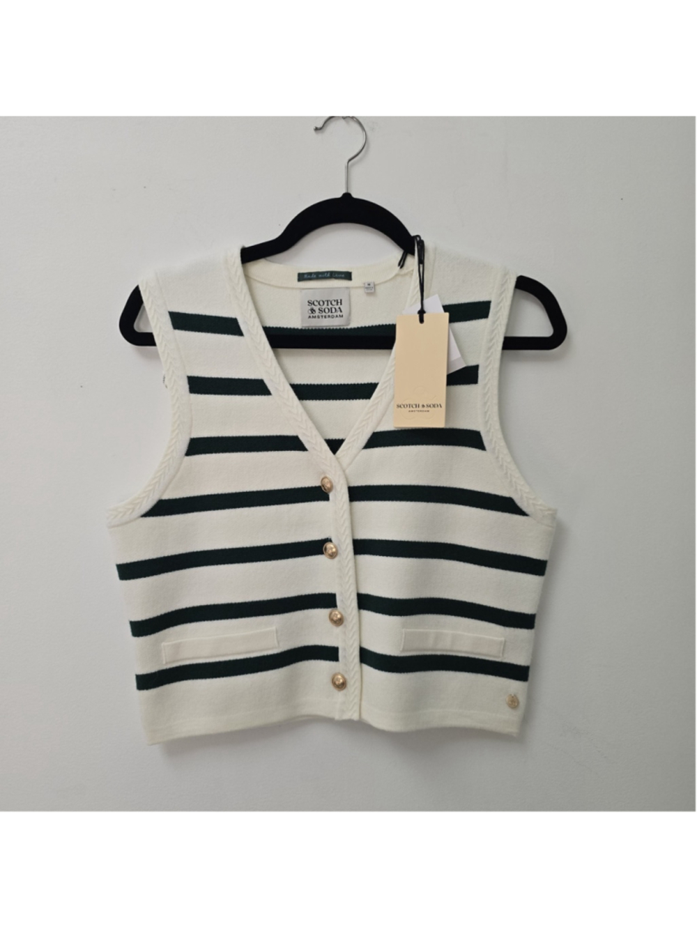 Scotch & Soda Knit Cardigan Vest Womens Size M Cream/Pine Viscose Cropped NWT